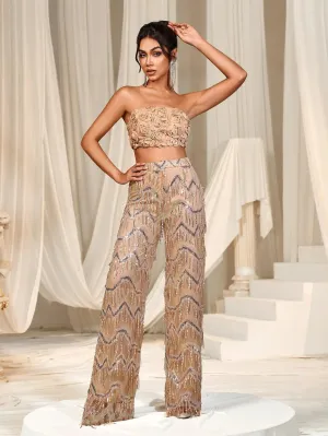 3D Flower Tube Top & Sequin Fringed Pants