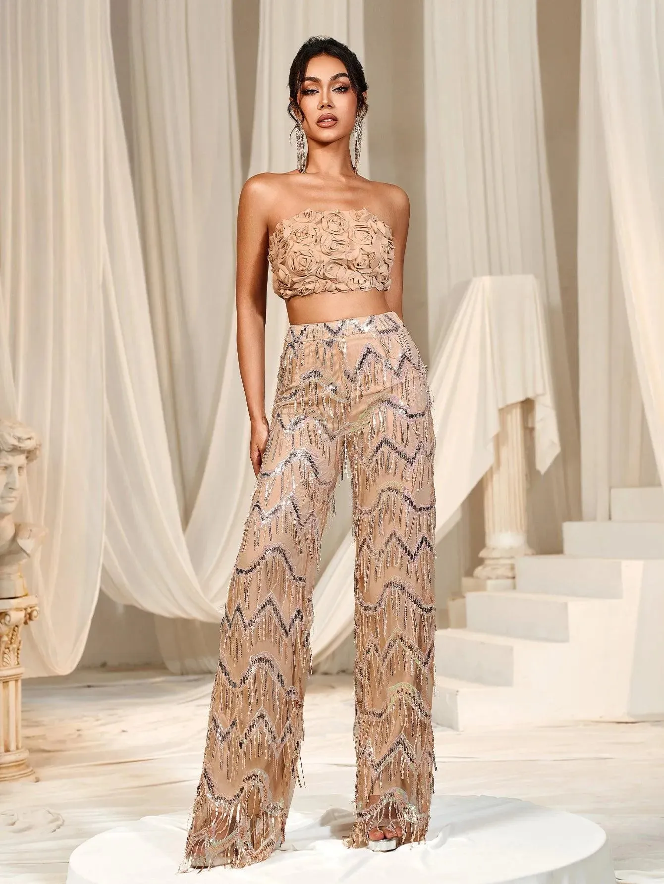 3D Flower Tube Top & Sequin Fringed Pants