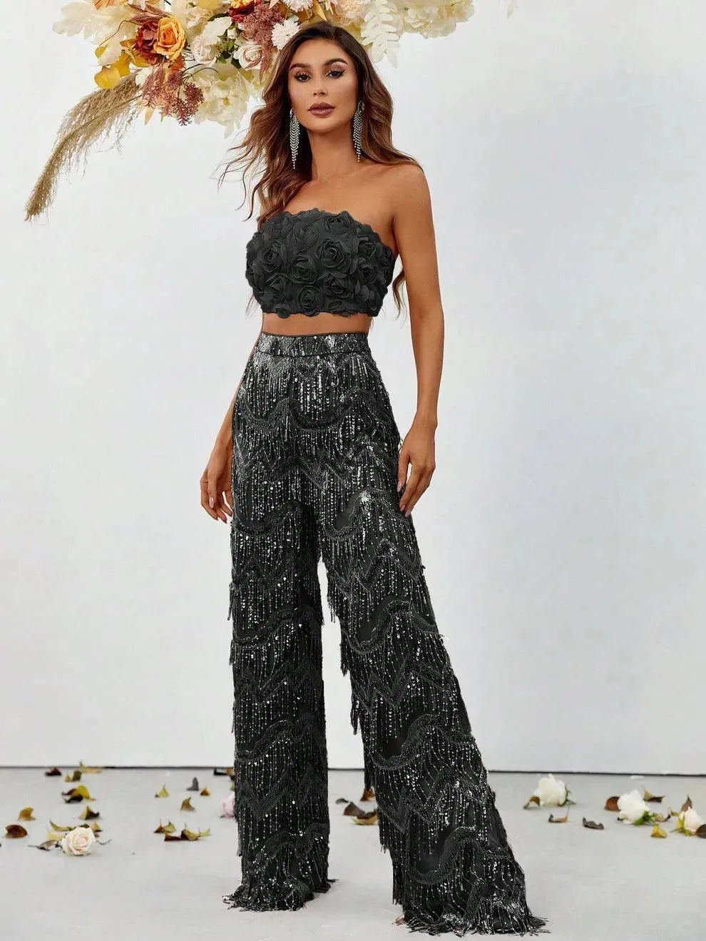 3D Flower Tube Top & Sequin Fringed Pants