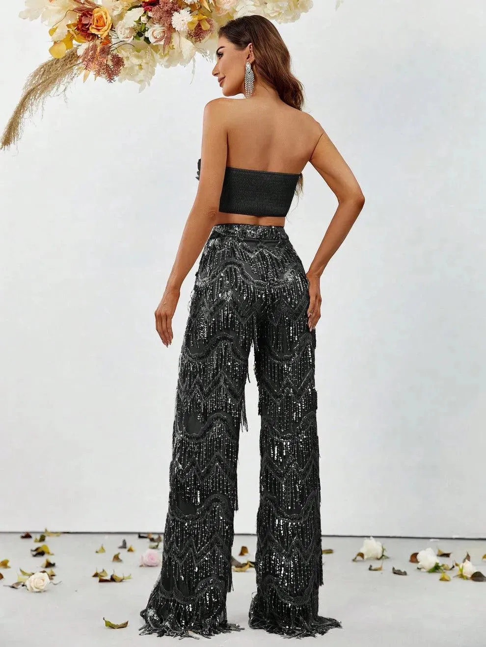 3D Flower Tube Top & Sequin Fringed Pants