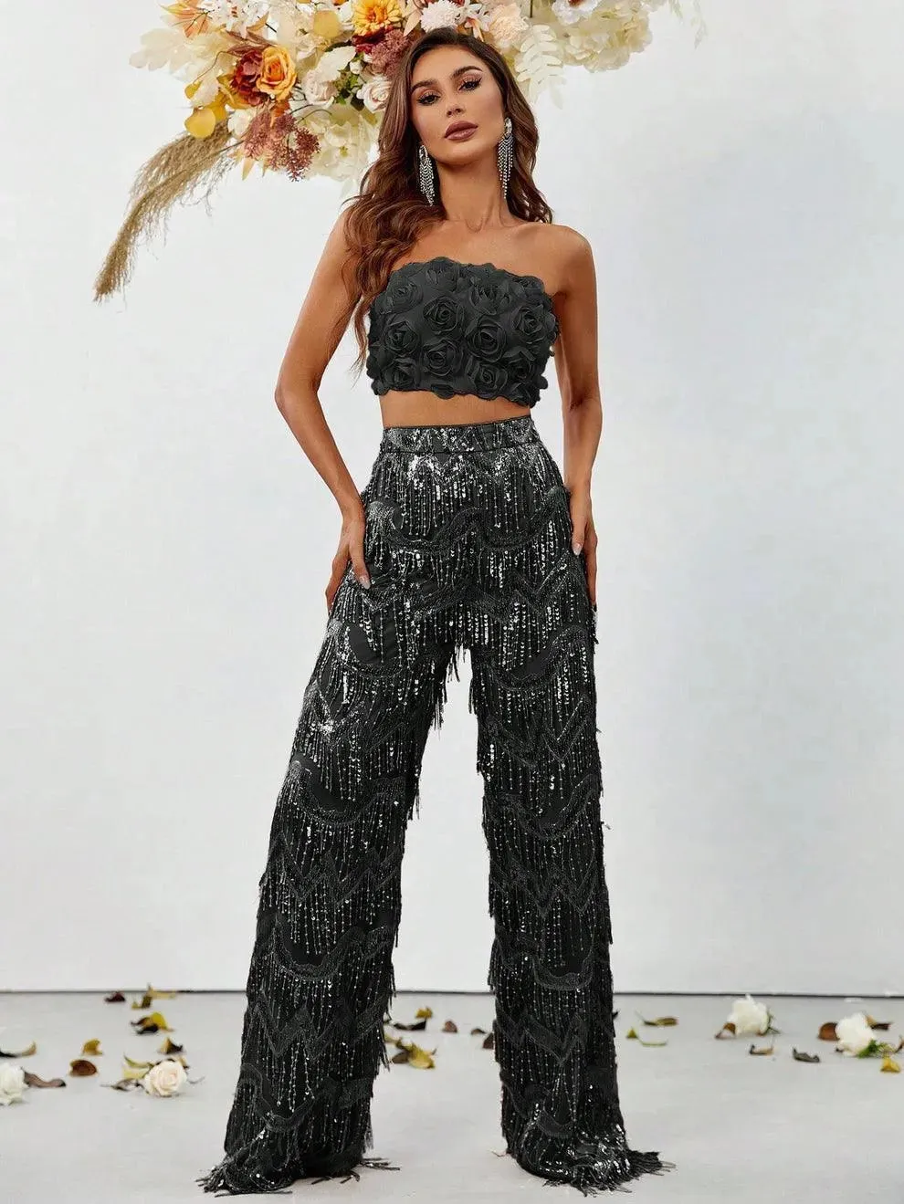 3D Flower Tube Top & Sequin Fringed Pants