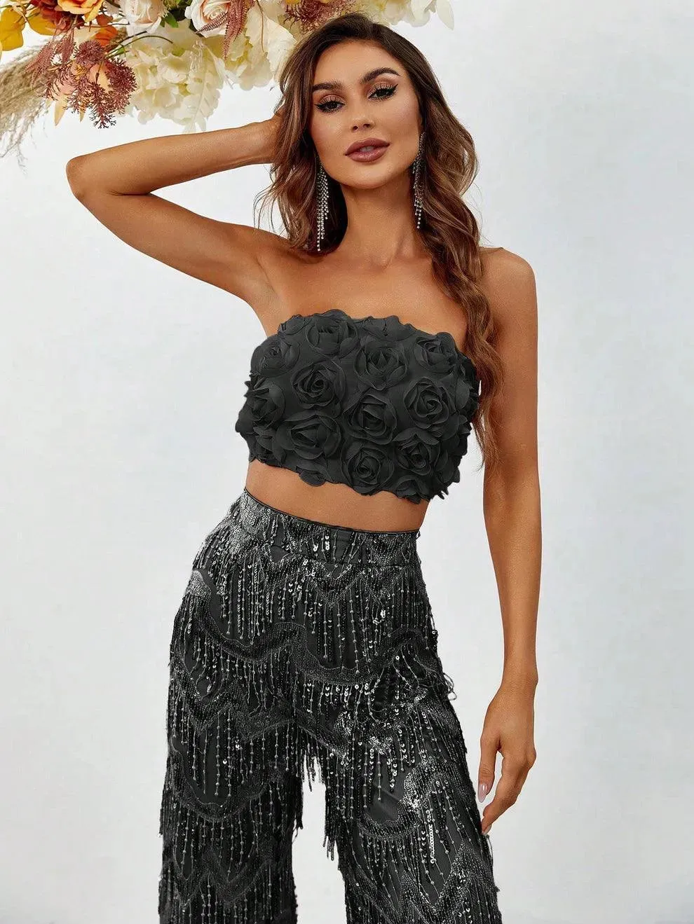 3D Flower Tube Top & Sequin Fringed Pants