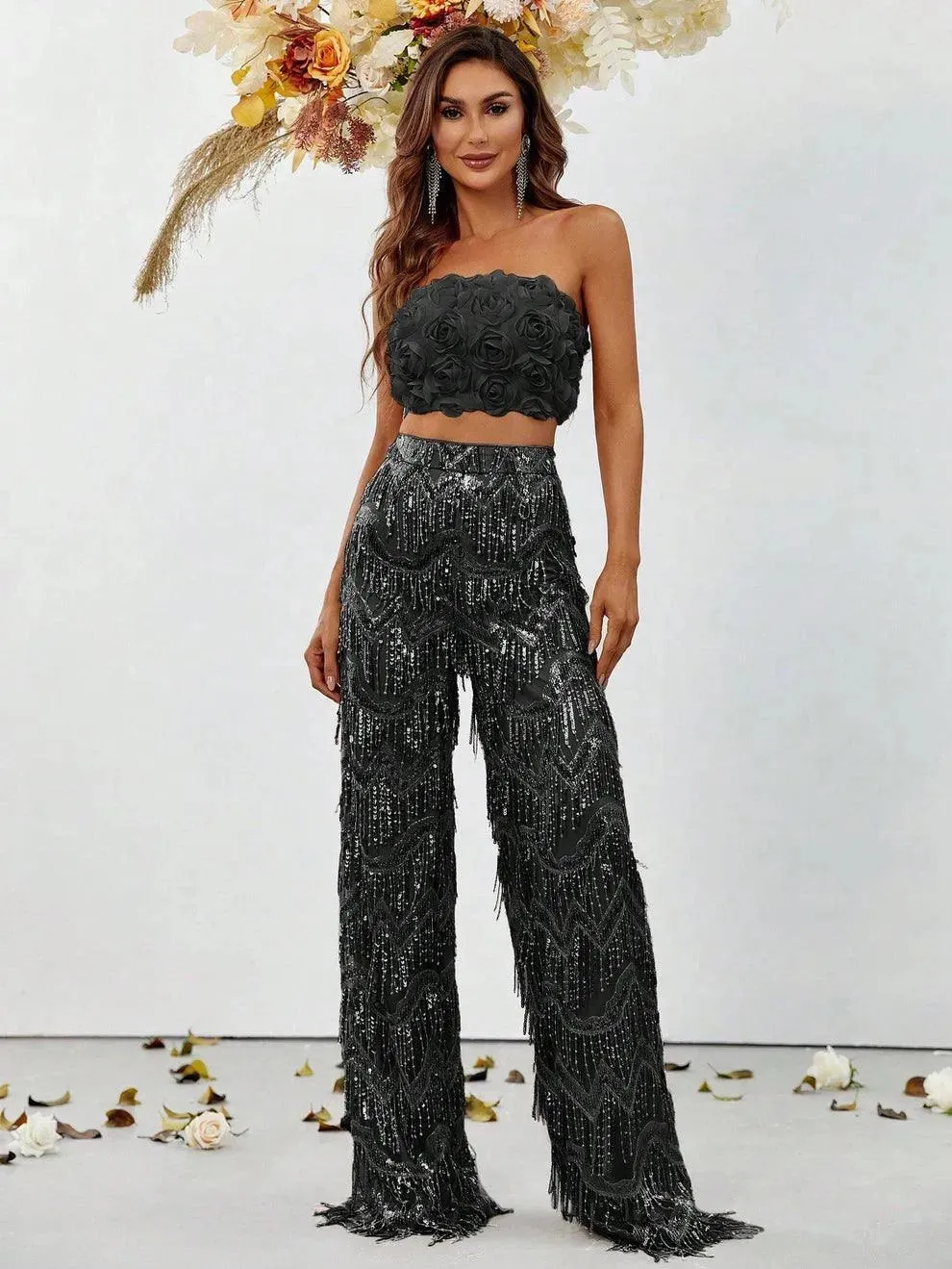 3D Flower Tube Top & Sequin Fringed Pants