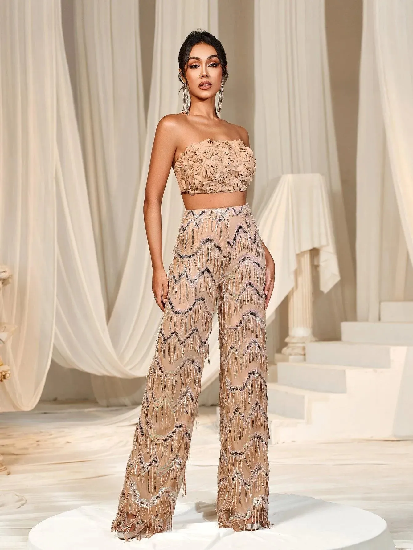 3D Flower Tube Top & Sequin Fringed Pants