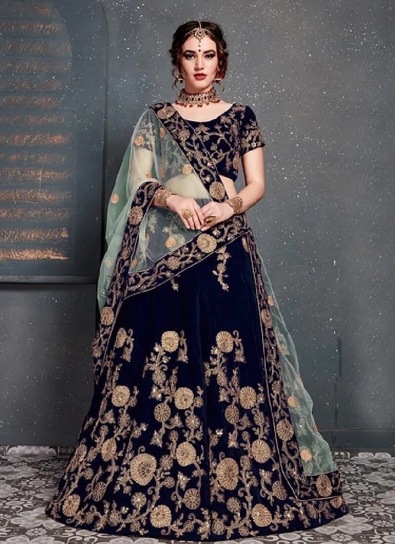 Admirable Navy Blue Color With Velvet Base Lehenga Choli