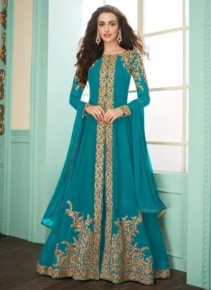 Aqua Blue Slit Style Embroidered Anarkali Suit