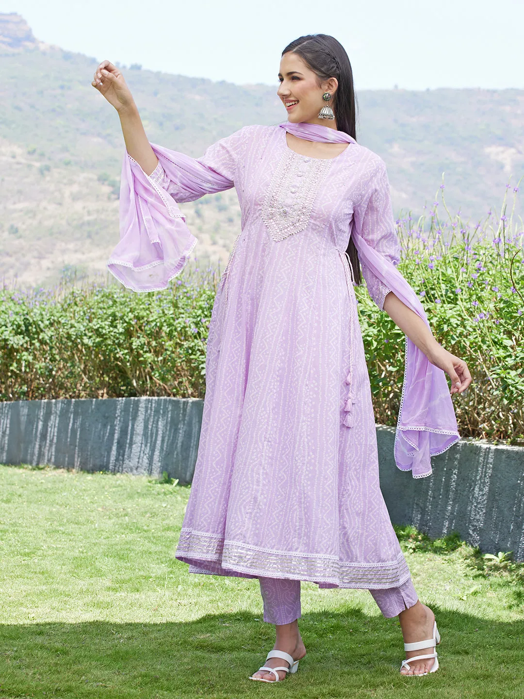 Bandhani Printed & Embroidered Anarkali Kurta with Pants & Dupatta - Light Purple