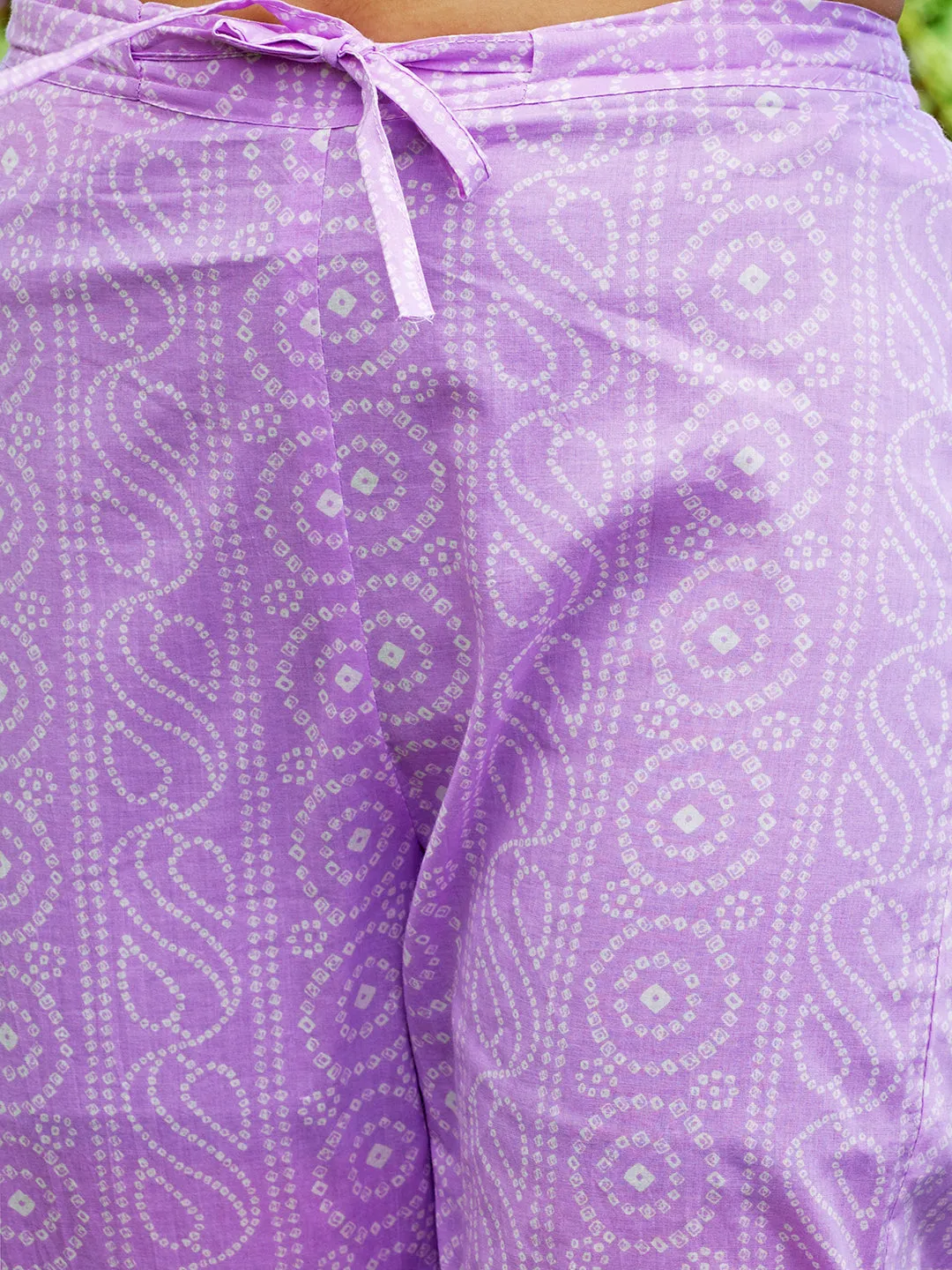 Bandhani Printed & Embroidered Anarkali Kurta with Pants & Dupatta - Light Purple