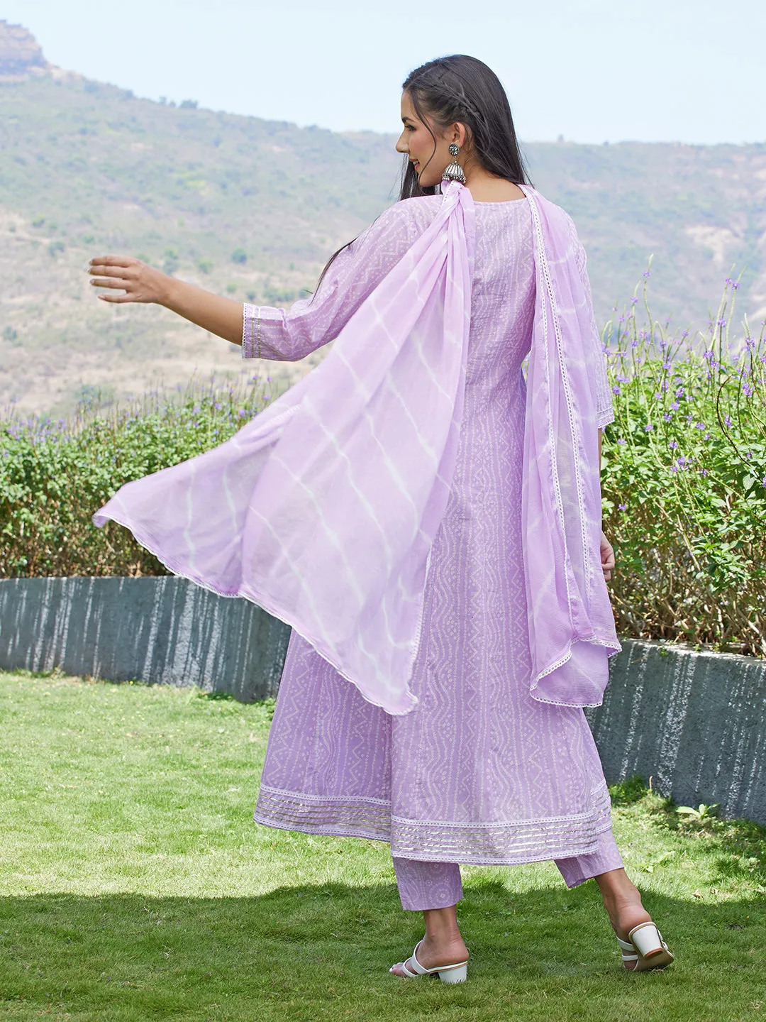 Bandhani Printed & Embroidered Anarkali Kurta with Pants & Dupatta - Light Purple