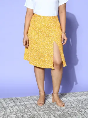 Berrylush Women Plus Size Yellow & White Floral Printed Thigh-High Slit Flared A-Line Midi Skirt