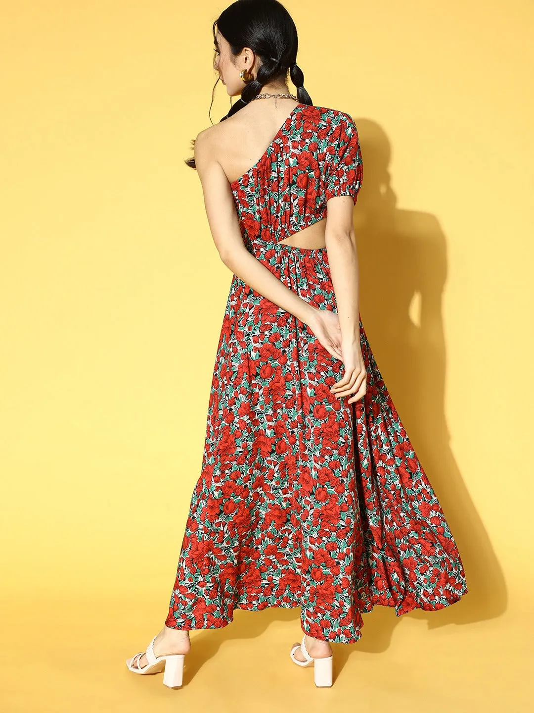 Berrylush Women Red & Green Floral Printed One-Shoulder Neck Back Cutout Flared Maxi Dress