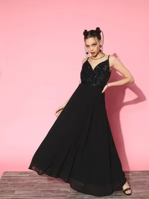 Berrylush Women Solid Black V-Neck Embellished Net Flared Maxi Gown