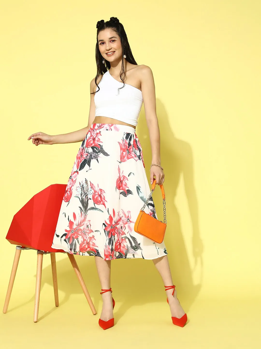 Berrylush Women White & Red Floral Printed Georgette Slip-On Flared Midi Skirt