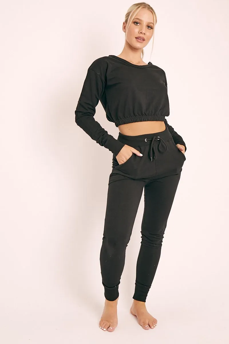 Black Crop Top and Slim Jogger Loungewear Co-ord Set - Suzy