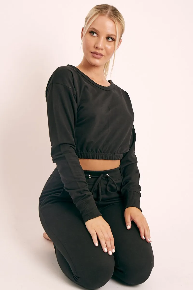 Black Crop Top and Slim Jogger Loungewear Co-ord Set - Suzy