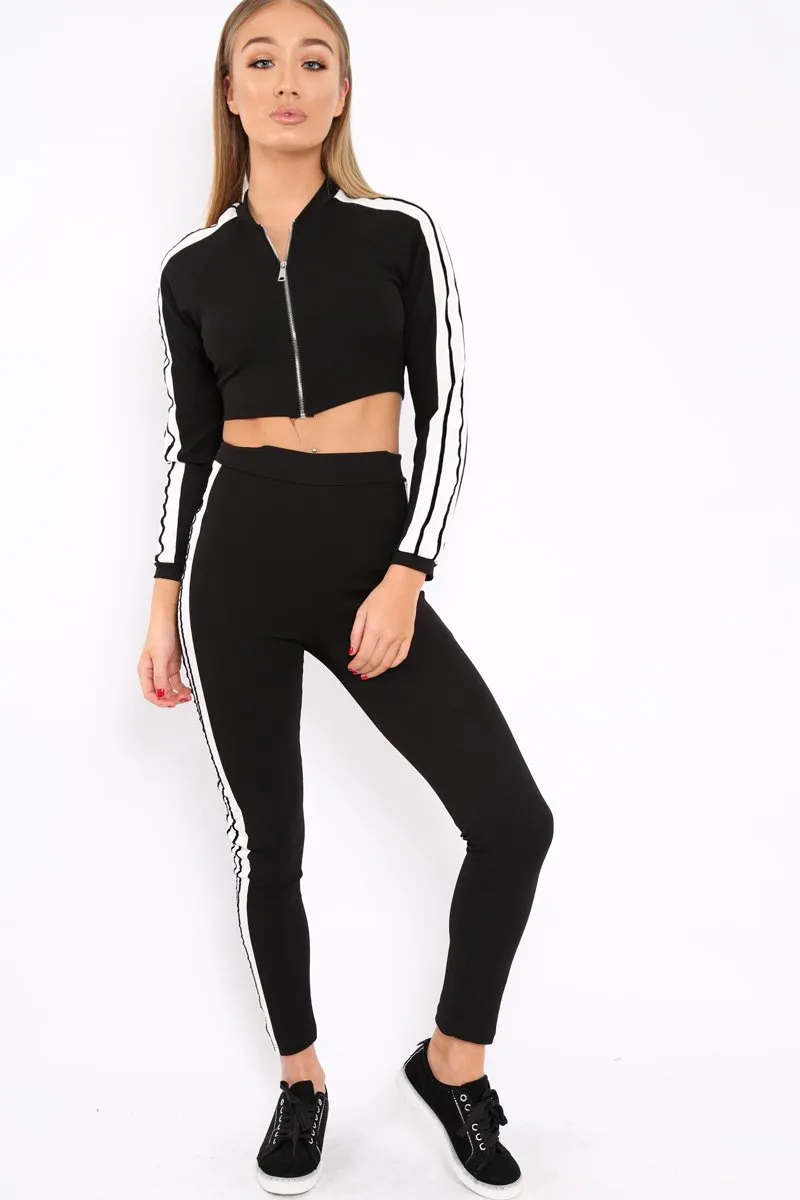 Black Zip Front Tracksuit with White Side Stripes - Kitty