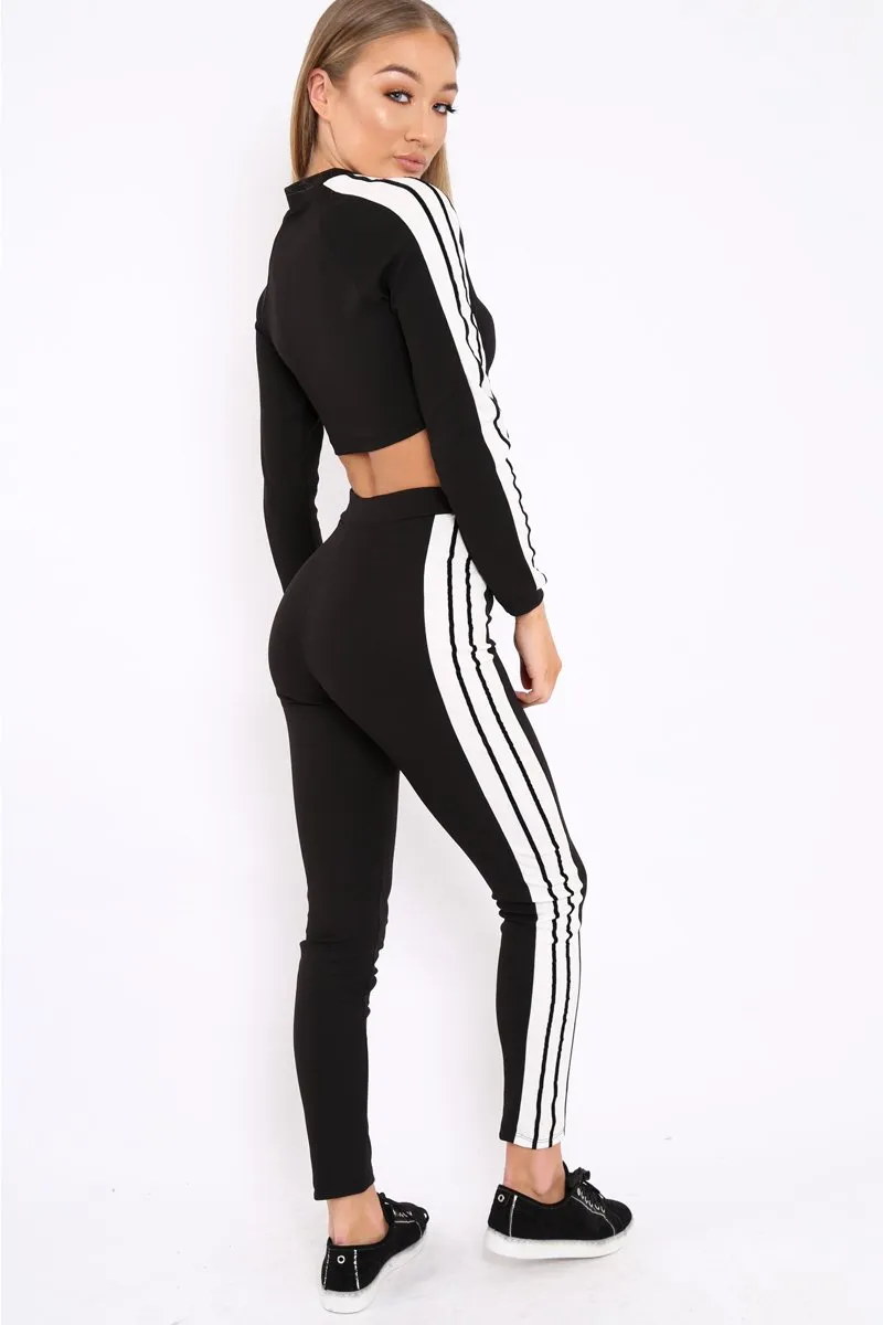 Black Zip Front Tracksuit with White Side Stripes - Kitty