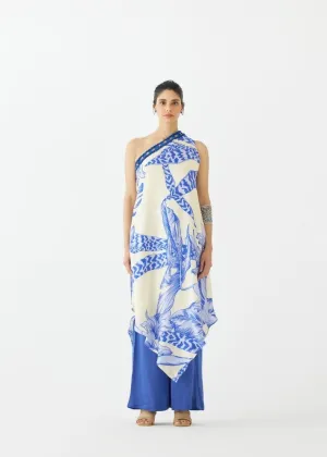 Blue Aphrodite One Shoulder Kurta & Flared Pants Co-Ord