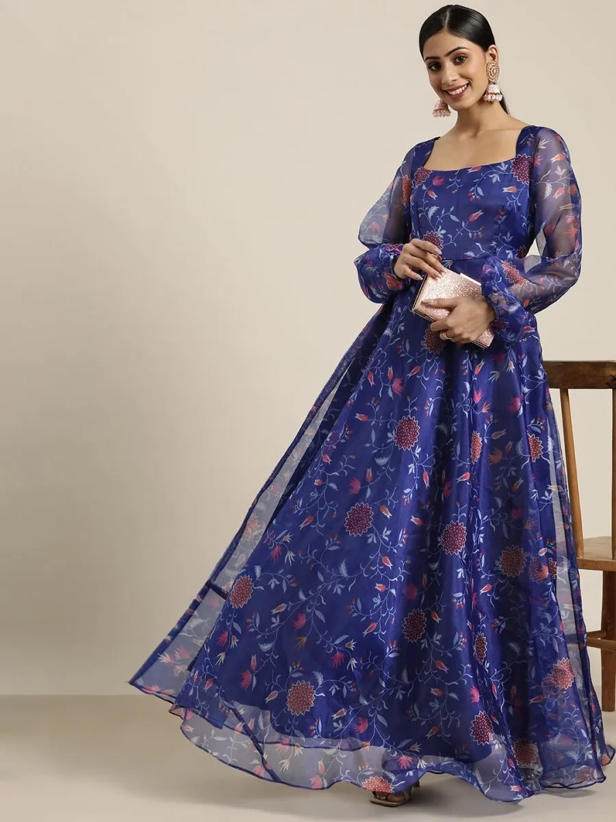 Blue Floral Printed Fit and Flared Organza Gown