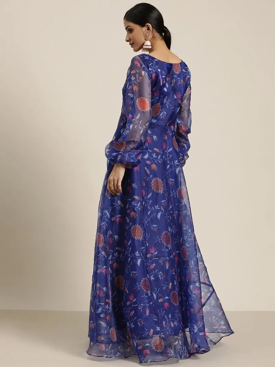 Blue Floral Printed Fit and Flared Organza Gown