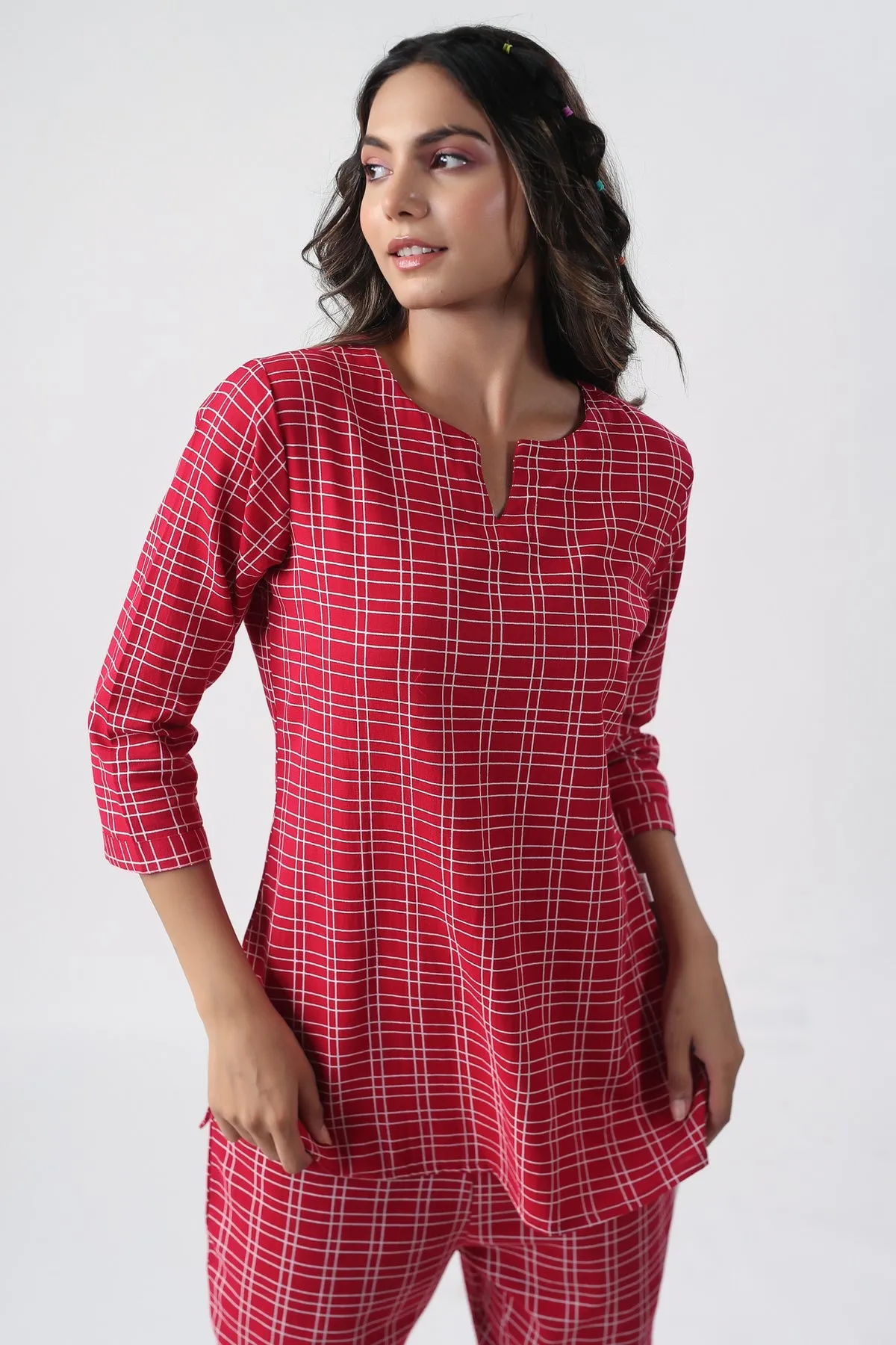 Checkered Maroon Cotton Flex Loungewear Top Set