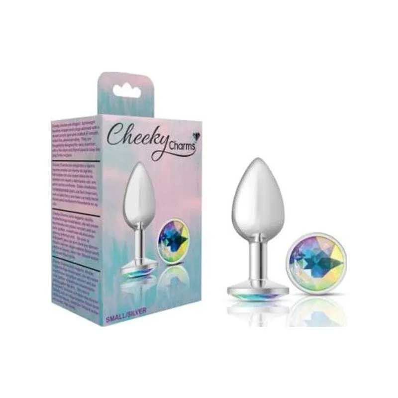 Cheeky Charms Silver Round Butt Plug w Clear Iridescent Jewel Small