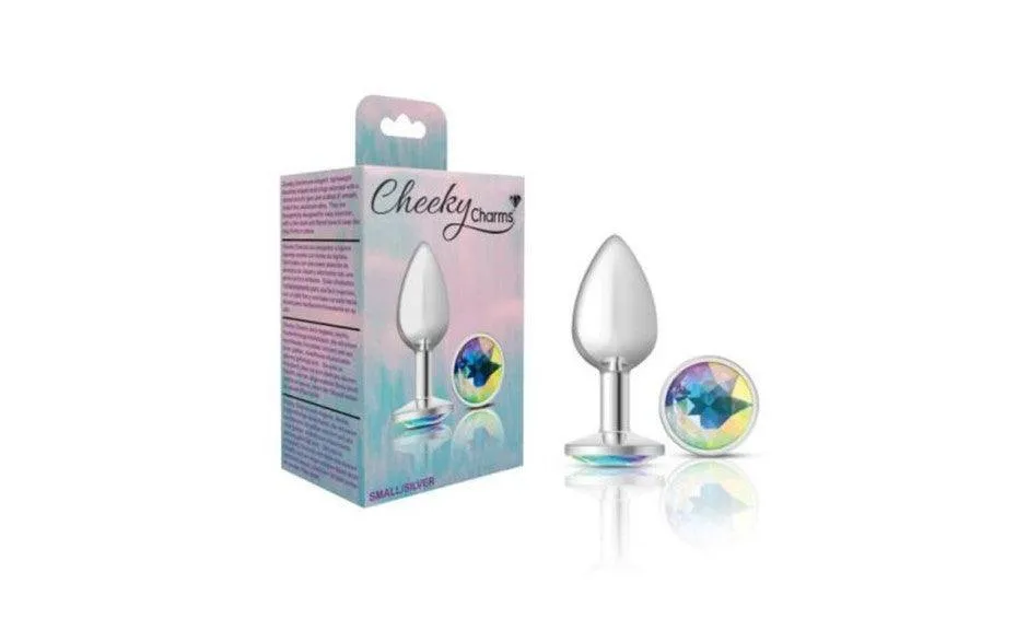 Cheeky Charms Silver Round Butt Plug w Clear Iridescent Jewel Small