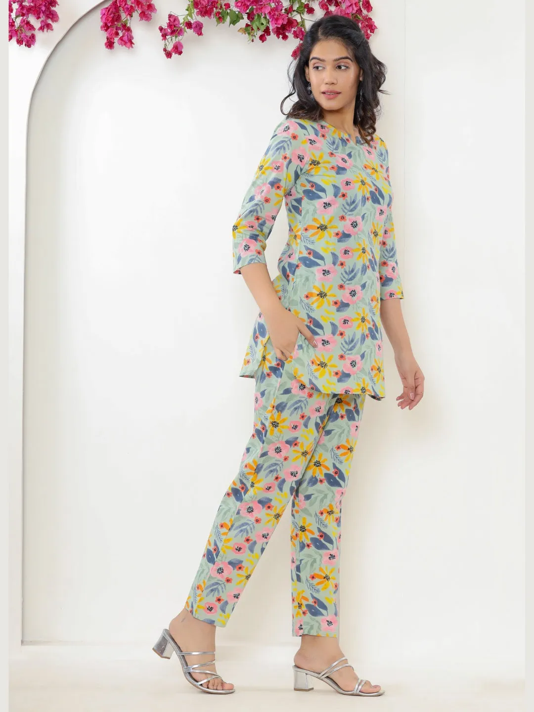 Colorful Floral Print Pure Cotton Lounge Set - SeaGreen