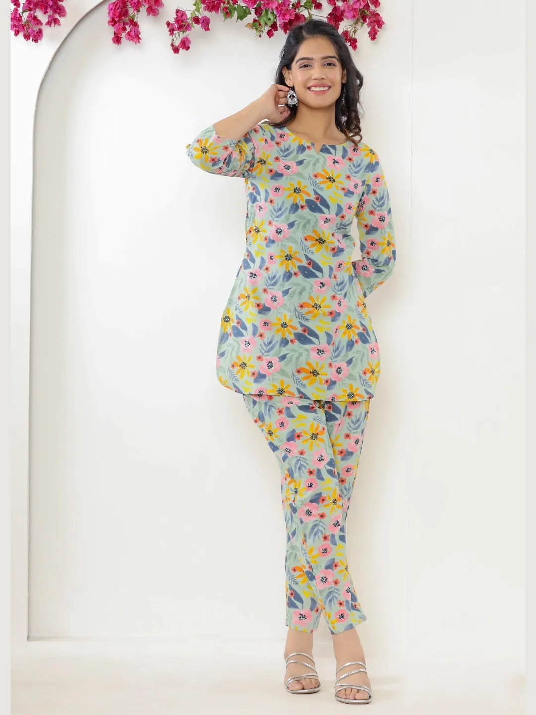 Colorful Floral Print Pure Cotton Lounge Set - SeaGreen