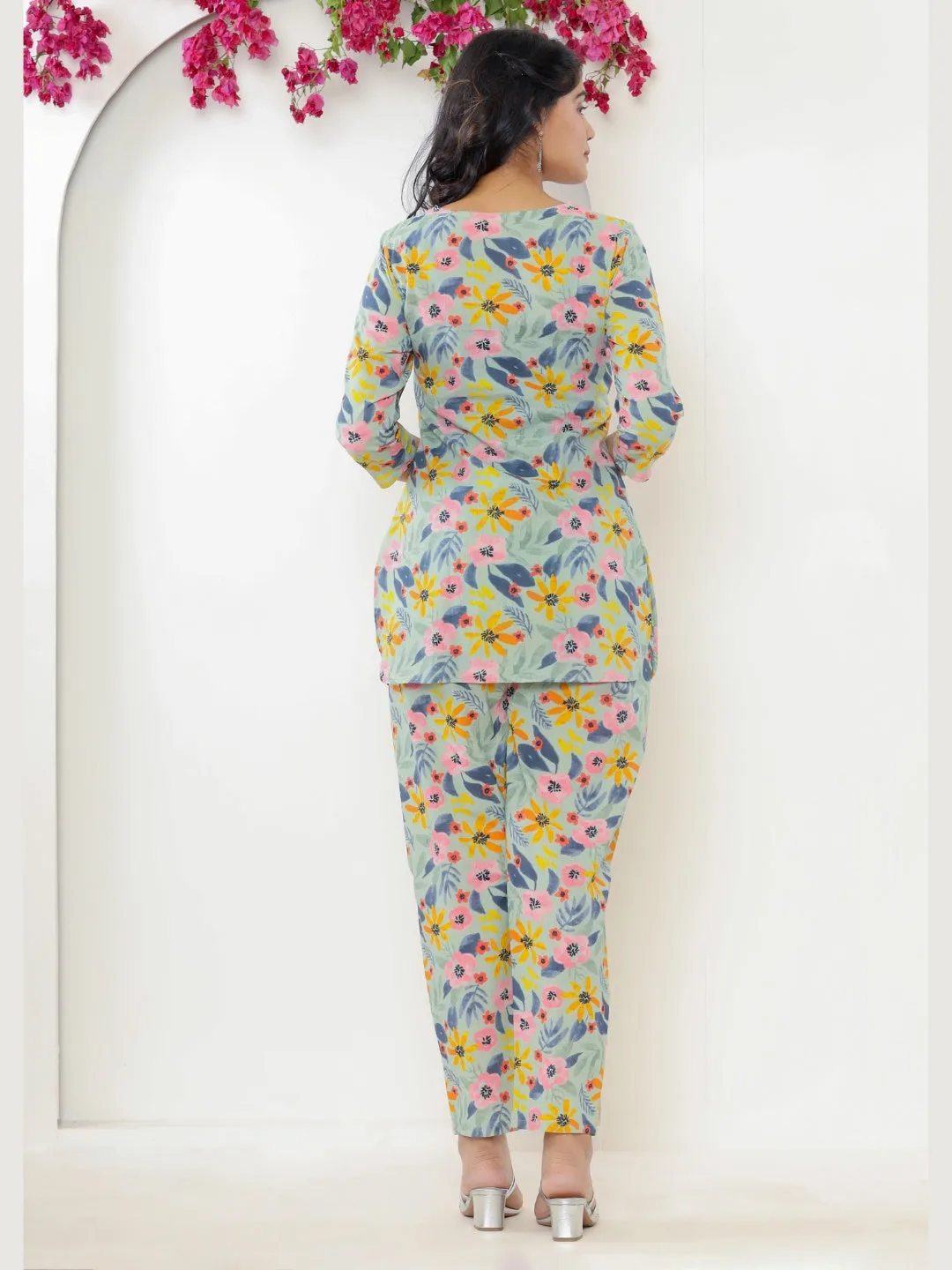 Colorful Floral Print Pure Cotton Lounge Set - SeaGreen