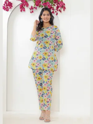 Colorful Floral Print Pure Cotton Lounge Set - SeaGreen