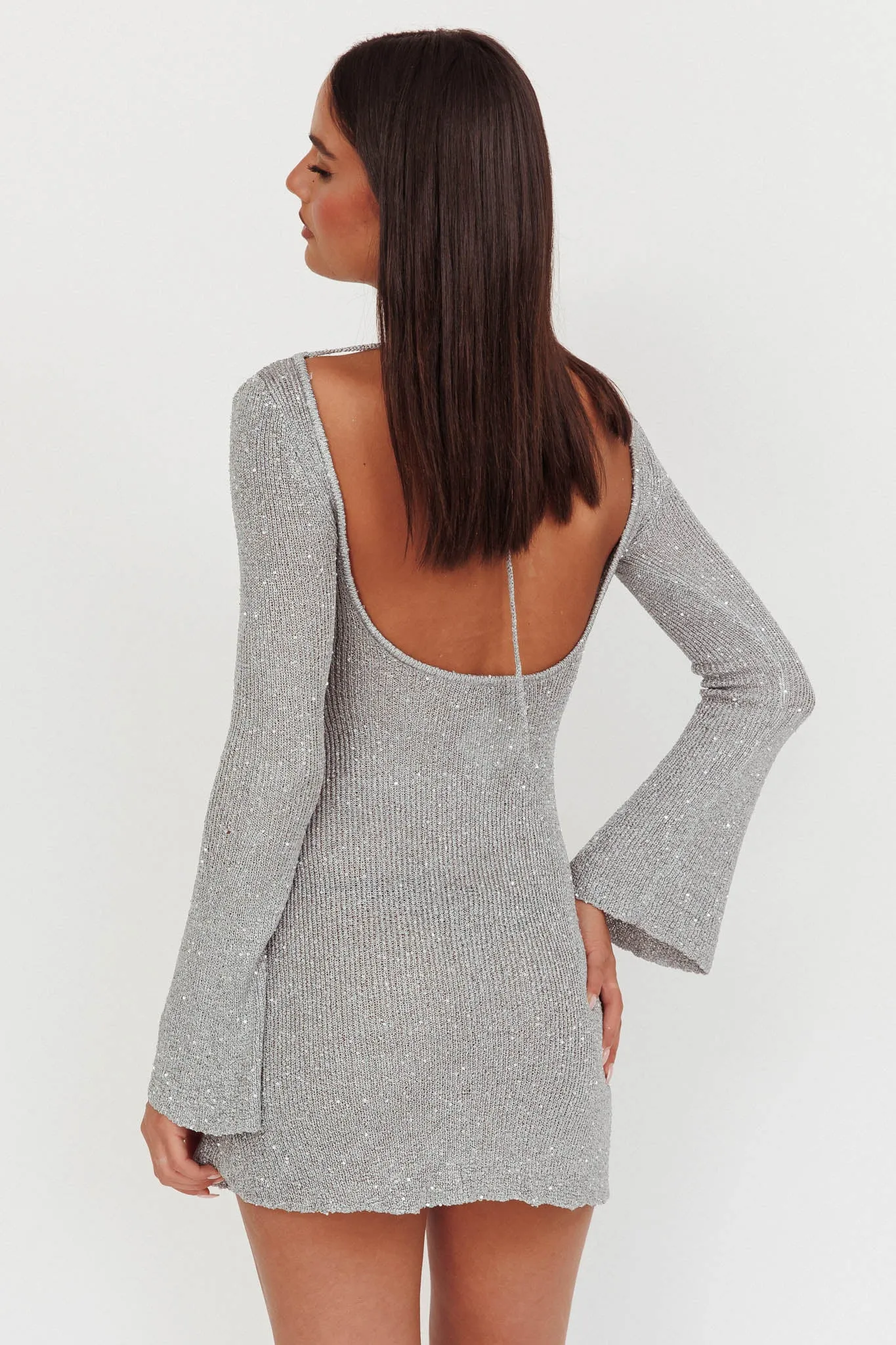 Cosmic Scoop Back Sequin Knit Mini Dress Silver