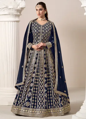 Dark Blue Embroidery Georgette Anarkali Suit