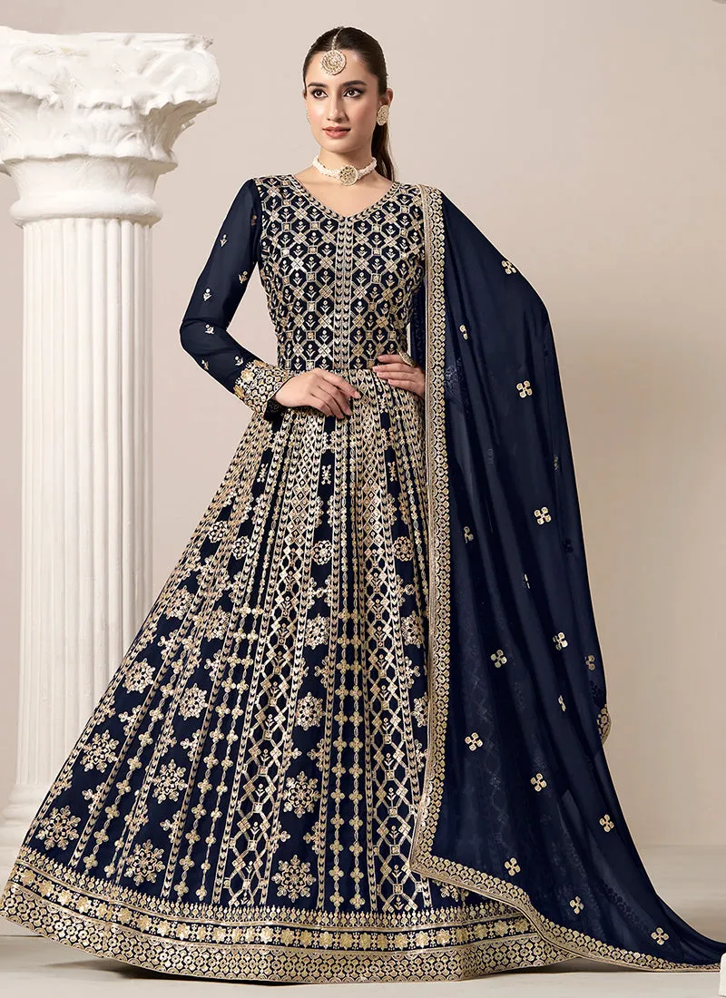 Dark Blue Embroidery Georgette Anarkali Suit