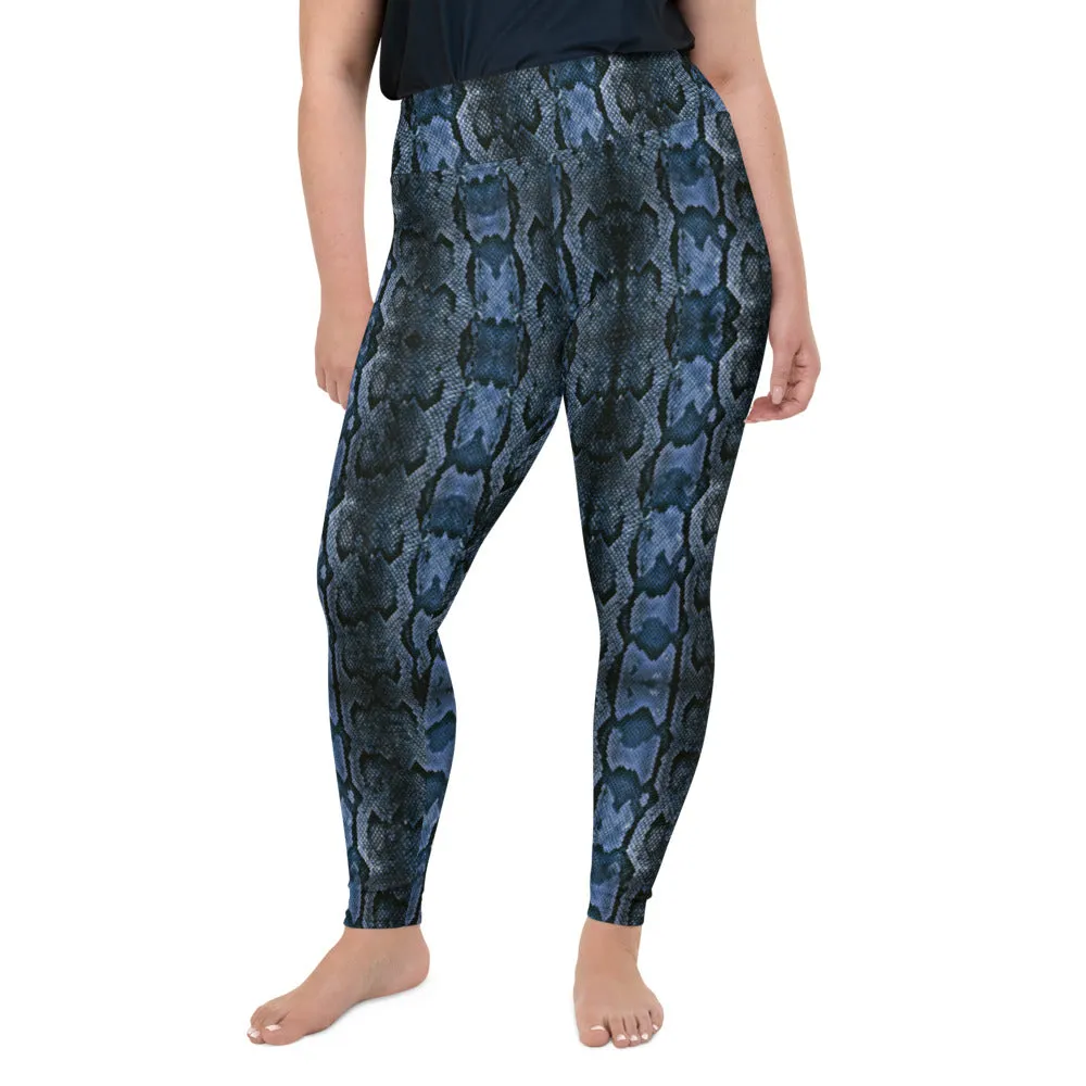 Dark Blue Snake Tights, Best Snake Skin Print Plus Size Leggings For Ladies- Made in USA/EU/MX