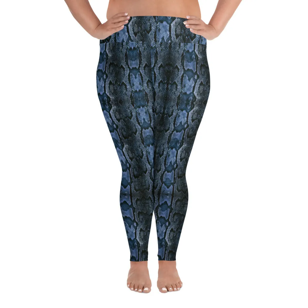 Dark Blue Snake Tights, Best Snake Skin Print Plus Size Leggings For Ladies- Made in USA/EU/MX