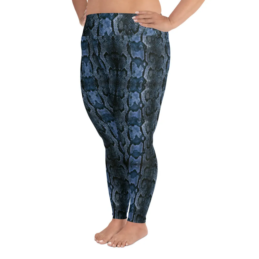 Dark Blue Snake Tights, Best Snake Skin Print Plus Size Leggings For Ladies- Made in USA/EU/MX