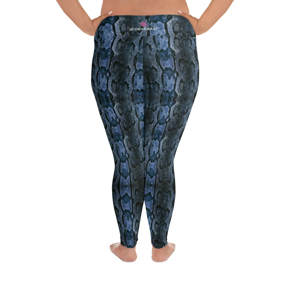 Dark Blue Snake Tights, Best Snake Skin Print Plus Size Leggings For Ladies- Made in USA/EU/MX