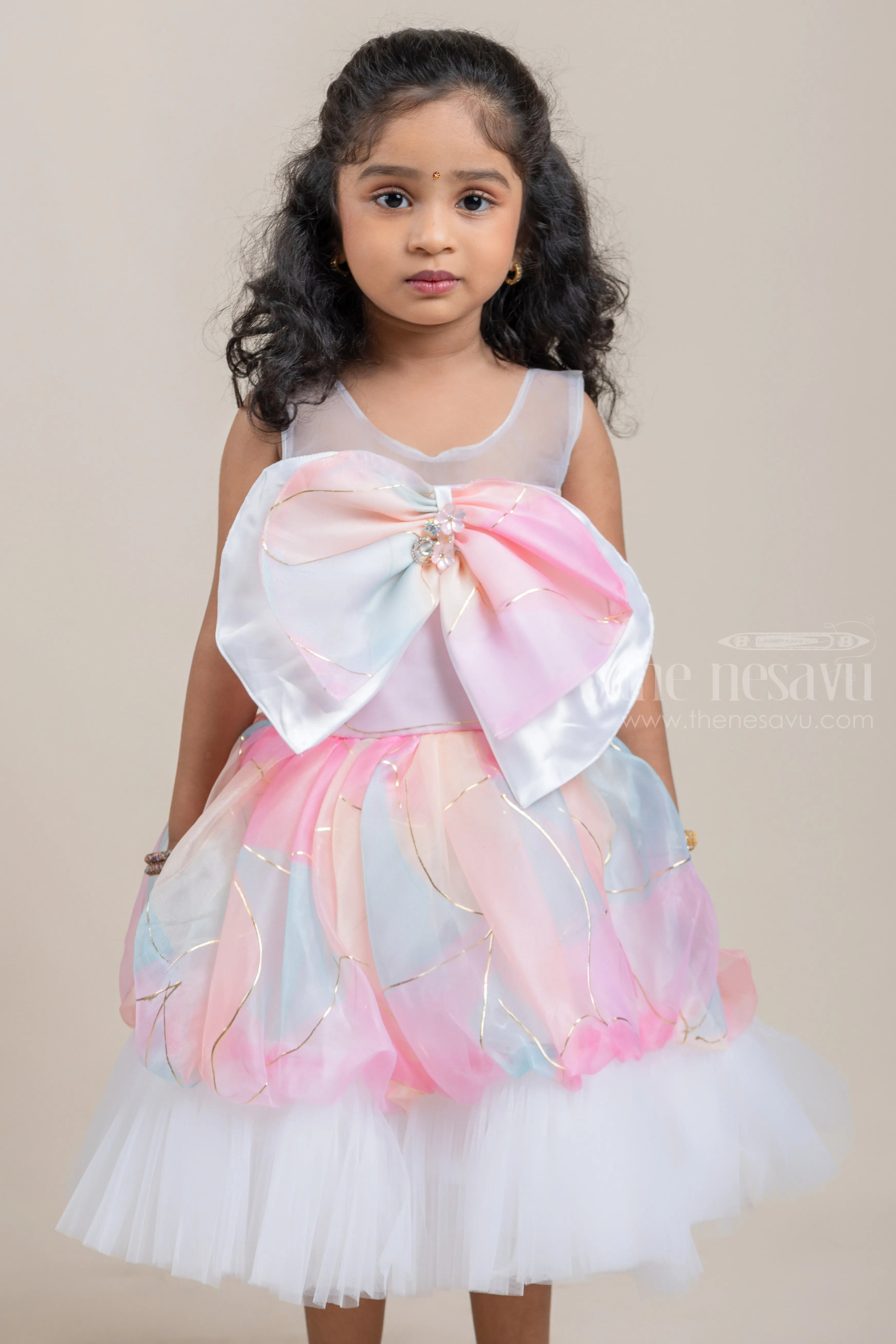 Dazzling Flared Pink Organza Party Wear Frock For Baby Girls