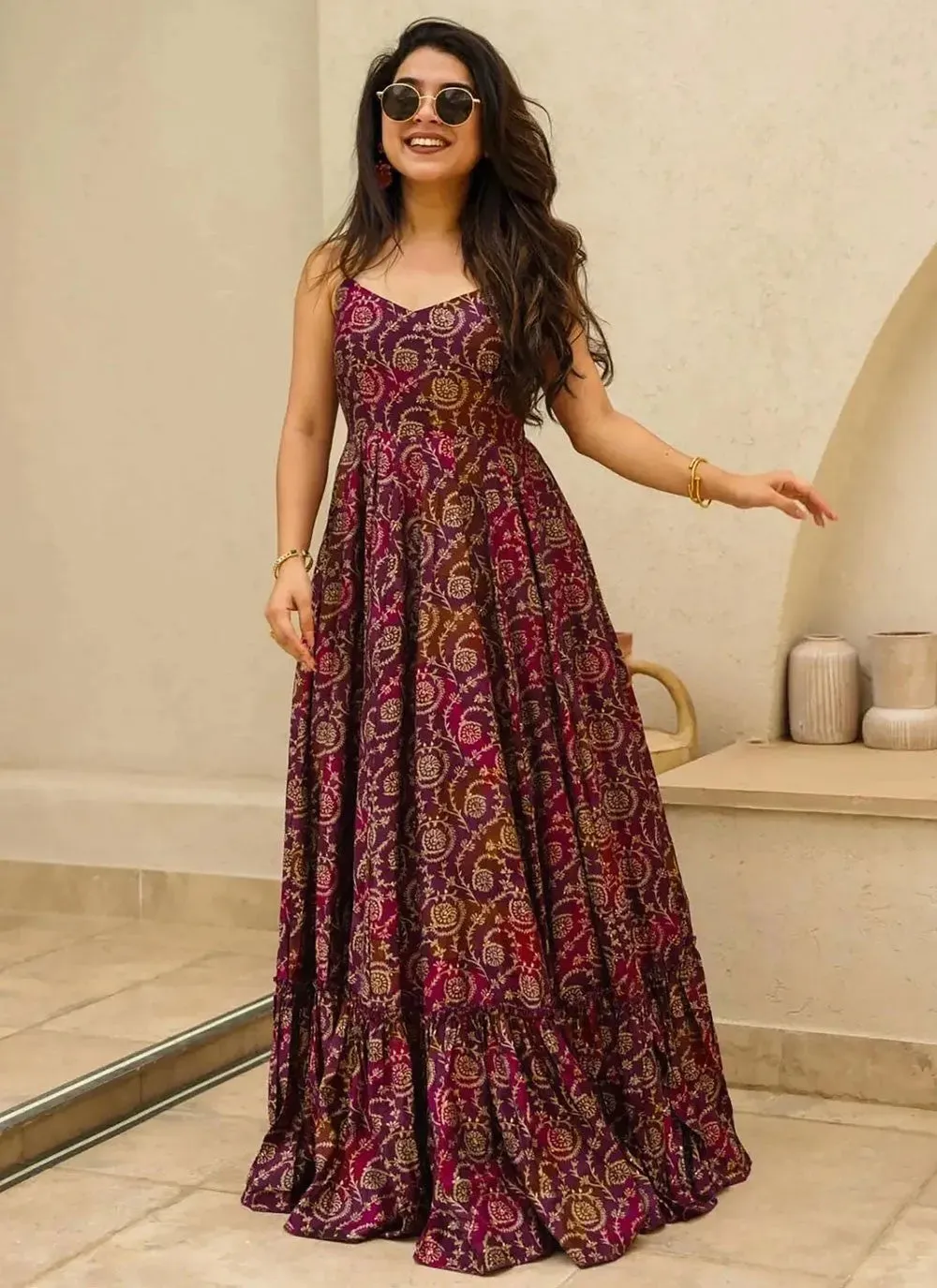 Dazzling Magenta Colored Rayon Fully Flared Designer Gown