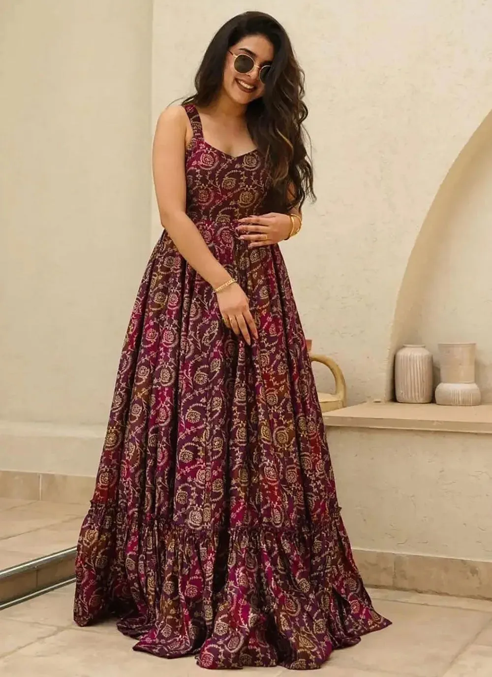 Dazzling Magenta Colored Rayon Fully Flared Designer Gown