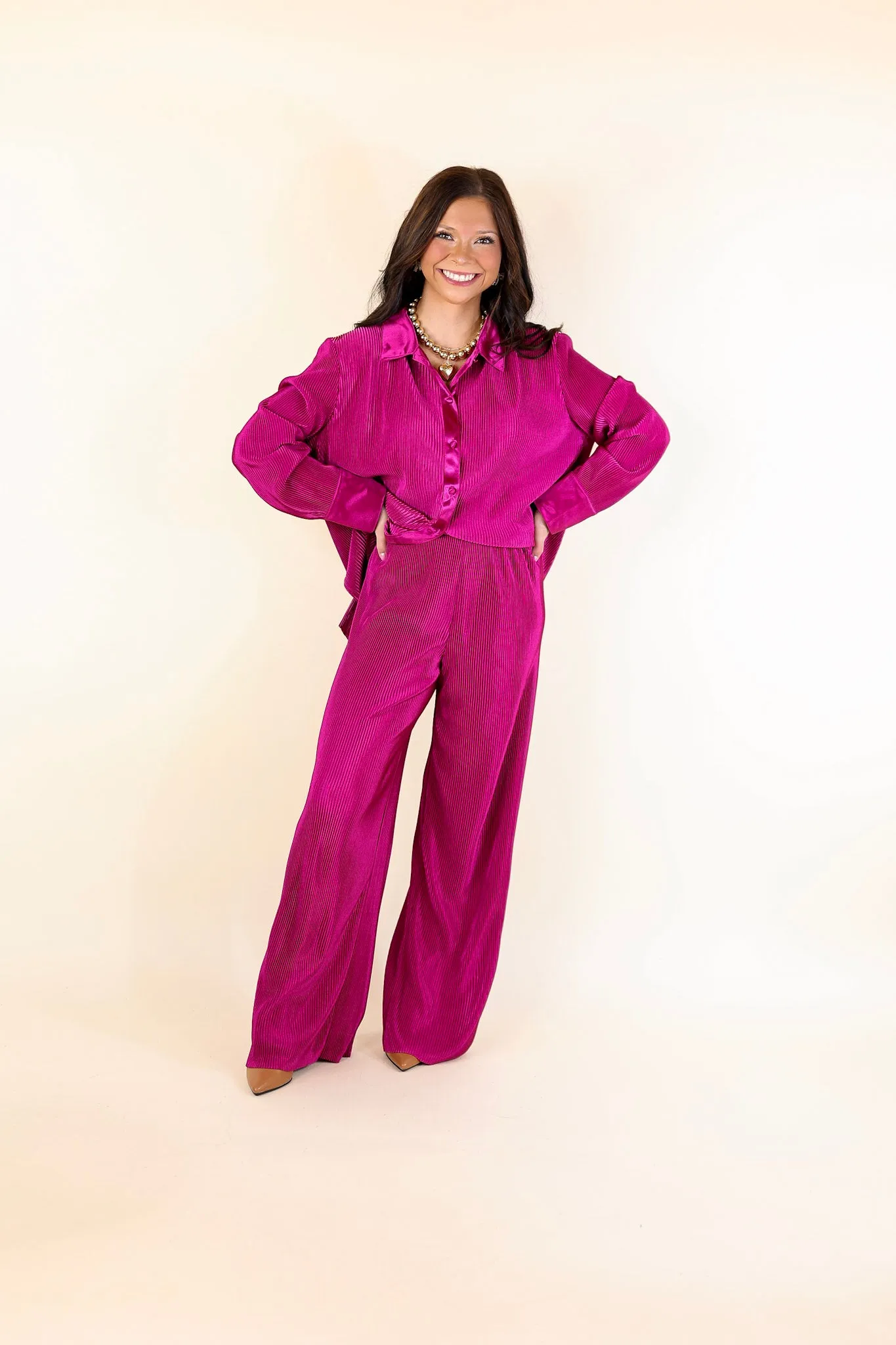 Dazzling Satin Plissé Ribbed Pants in Magenta Pink