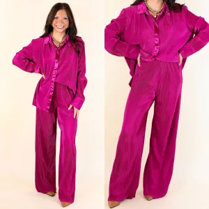 Dazzling Satin Plissé Ribbed Pants in Magenta Pink