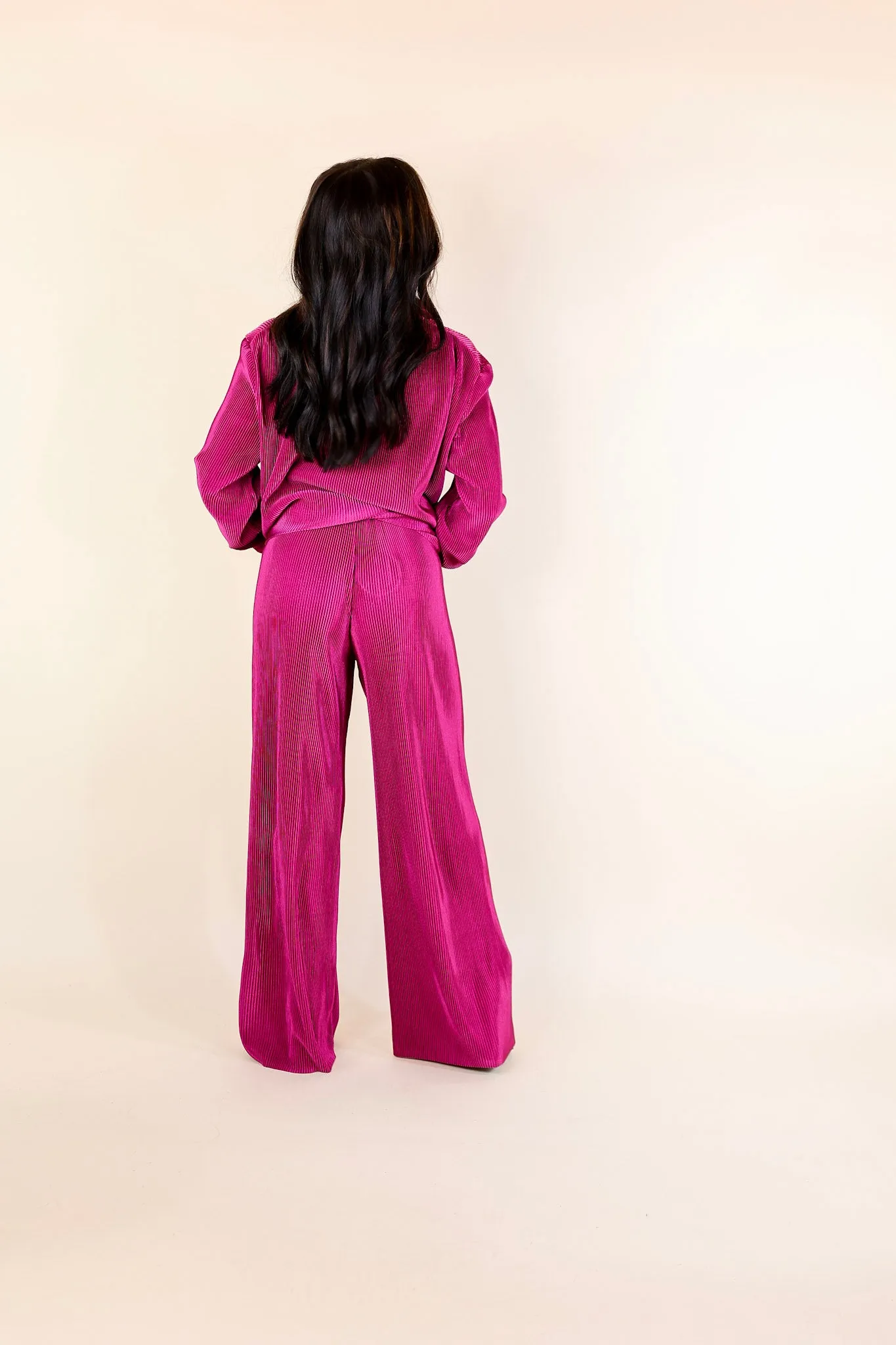 Dazzling Satin Plissé Ribbed Pants in Magenta Pink