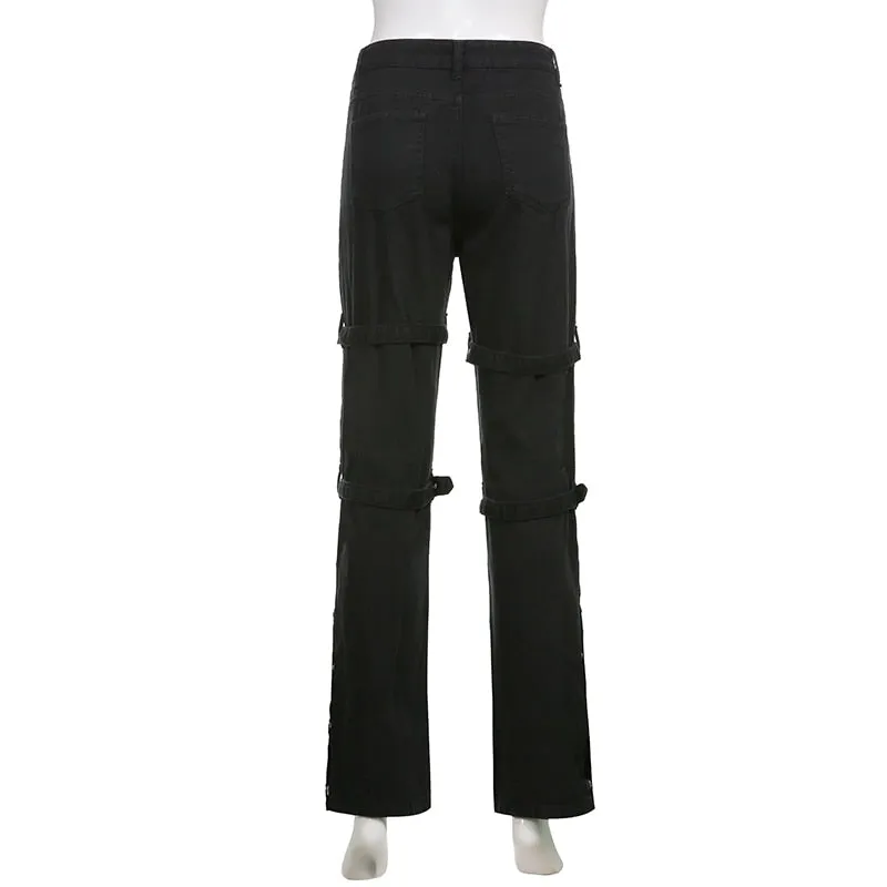 'Deadly Demon' Black Baggy Buckle Cargo Pants