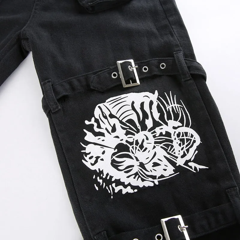 'Deadly Demon' Black Baggy Buckle Cargo Pants