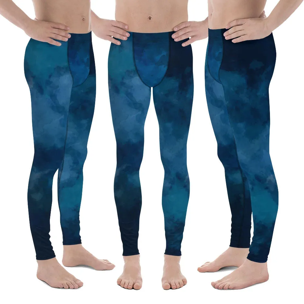 Deep Blue Tie Dye Meggings, Abstract Premium Men's Workout Gym Run Tights-Made in USA/EU