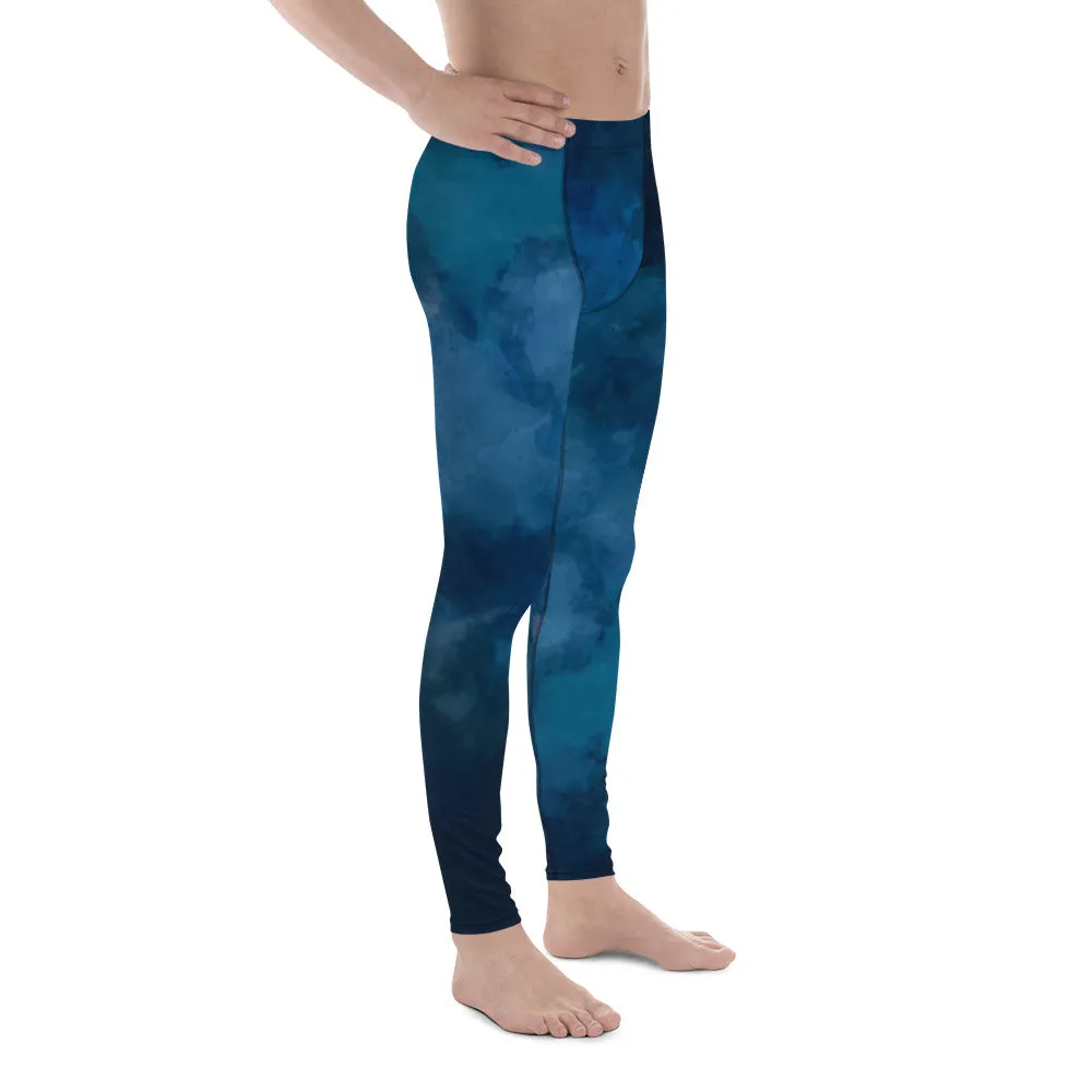 Deep Blue Tie Dye Meggings, Abstract Premium Men's Workout Gym Run Tights-Made in USA/EU