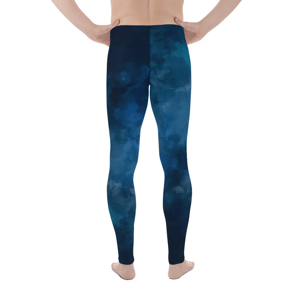 Deep Blue Tie Dye Meggings, Abstract Premium Men's Workout Gym Run Tights-Made in USA/EU