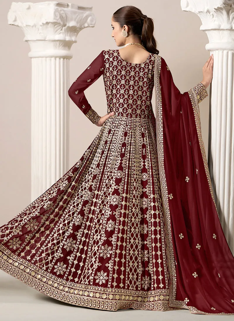 Deep Red Embroidery Georgette Anarkali Suit